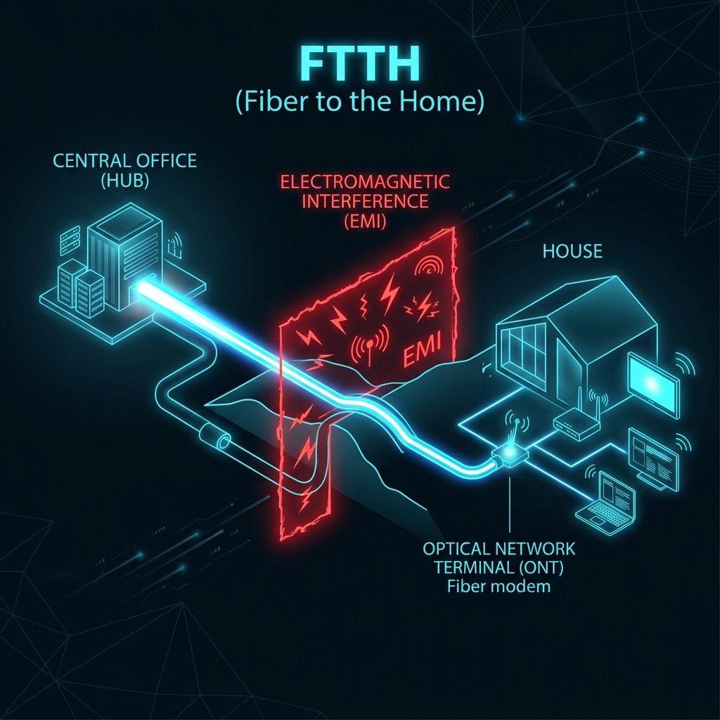 Estrutura da Rede FTTH (Fiber to the Home) - Simulação do percurso da luz livre de interferências eletromagnéticas