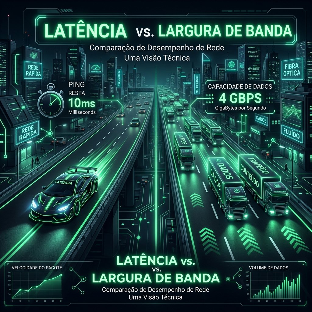 Gráfico explicativo comparando uma rodovia larga de caminhões para Download com uma rodovia reta para os carros de corrida simbolizando o Ping UDP de um jogo.